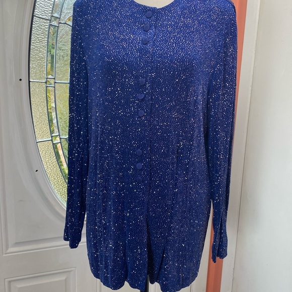 R&M Richards Karen Kwong  Button Up Top Sequin Stretch Made In USA Shimmer - Picture 1 of 13